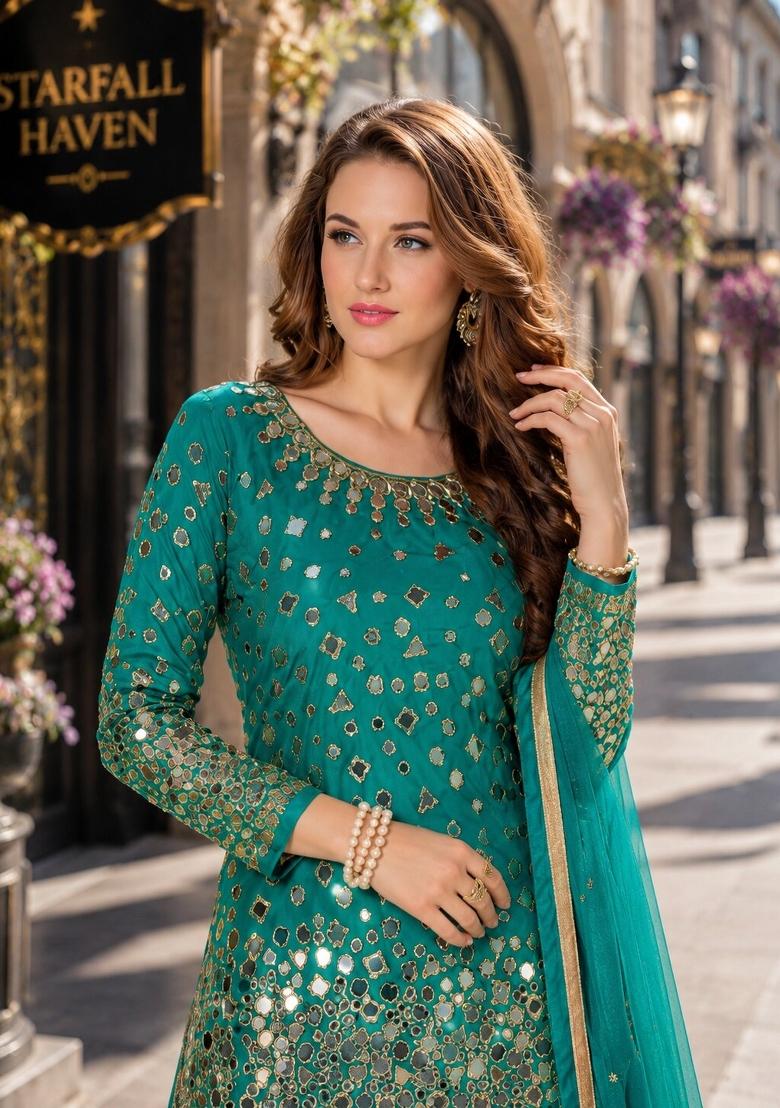 Teal Embroidery Silk Punjabi Suit Set - Indya