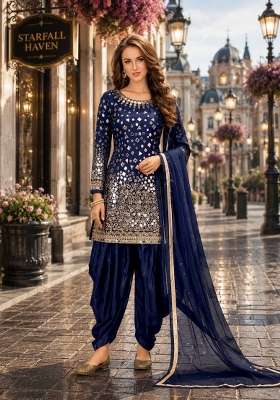 Navy Blue Embroidery Silk Punjabi Suit Set
