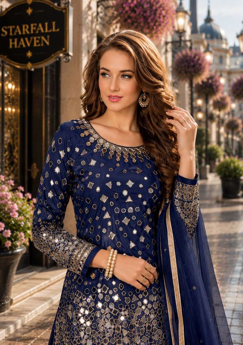 Navy Blue Embroidery Silk Punjabi Suit Set - Indya