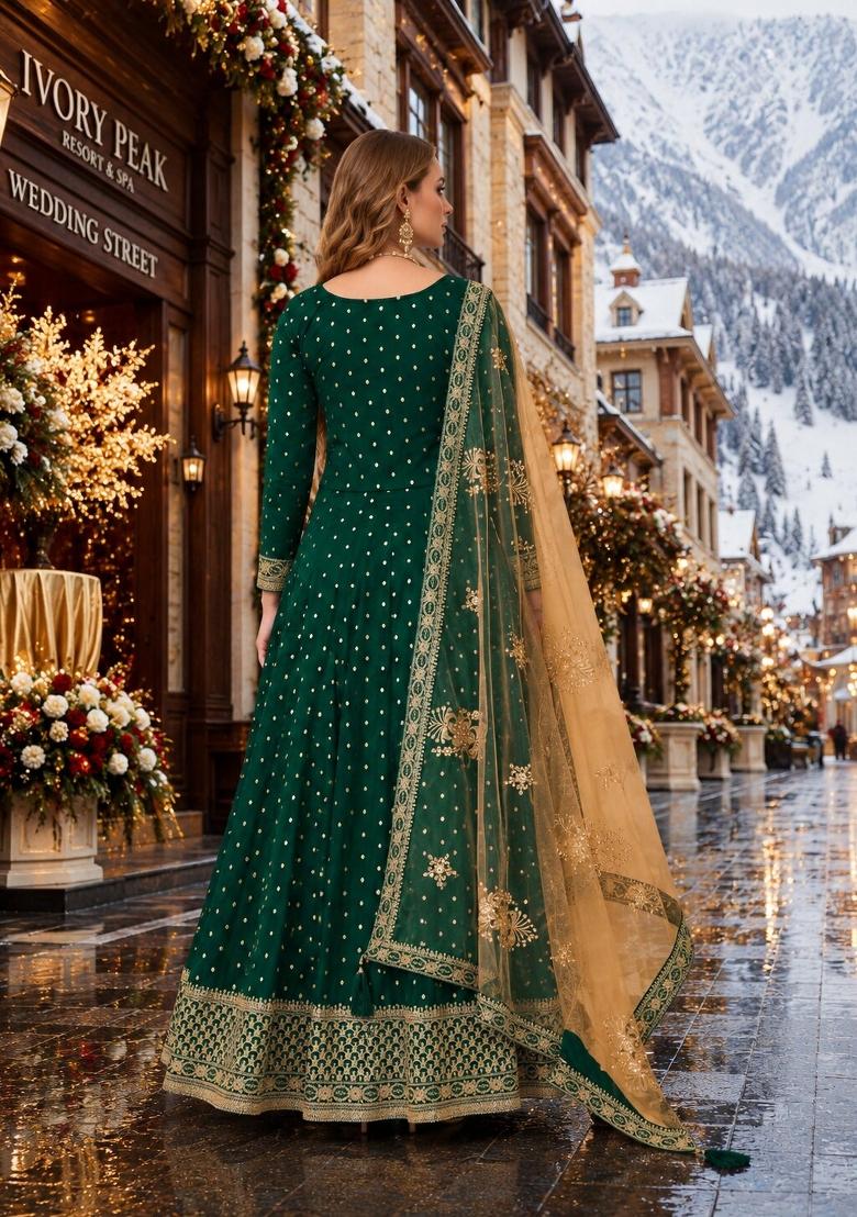 Green Embroidery Silk Anarkali Set - Indya