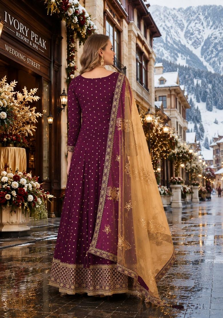 Purple Embroidery Silk Anarkali Set - Indya