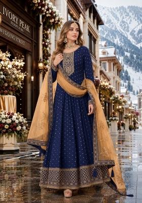 Navy Blue Embroidery Silk Anarkali Set