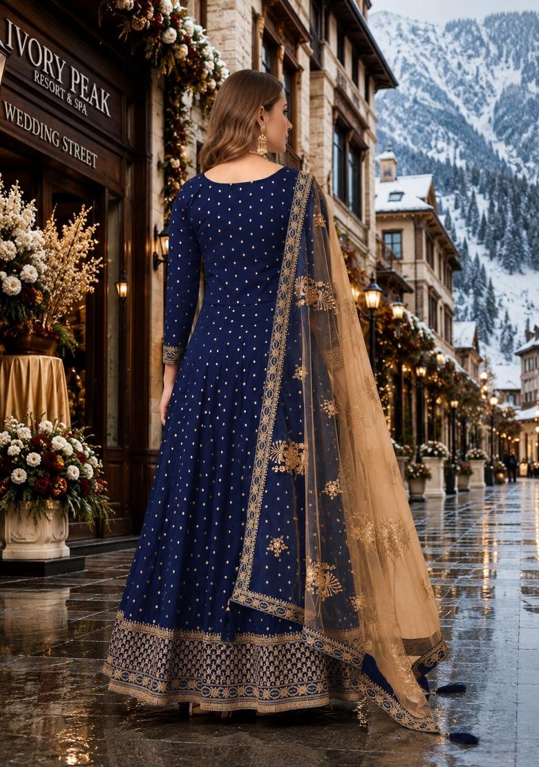 Navy Blue Embroidery Silk Anarkali Set - Indya