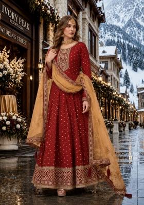 Maroon Embroidery Silk Anarkali Set