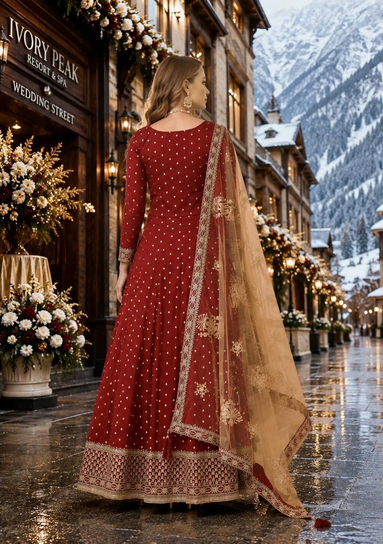 Maroon Embroidery Silk Anarkali Set - Indya