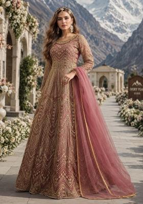 Pink Embroidery Net Anarkali Set