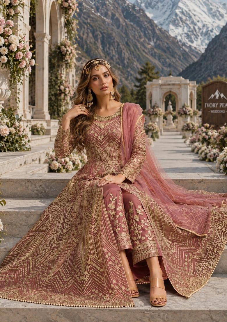 Pink Embroidery Net Anarkali Set - Indya