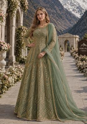 Green Embroidery Net Anarkali Set