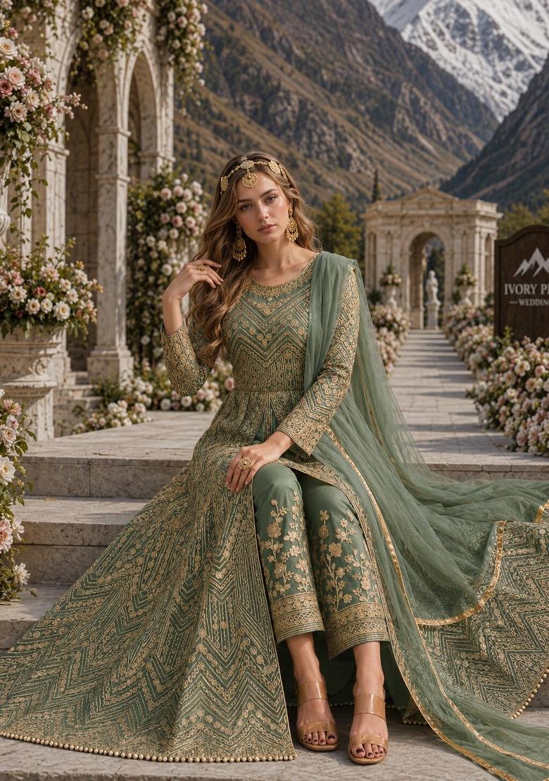 Green Embroidery Net Anarkali Set - Indya