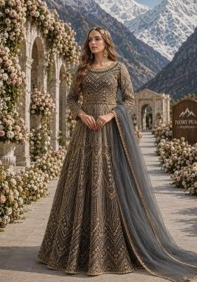 Grey Embroidery Net Anarkali Set