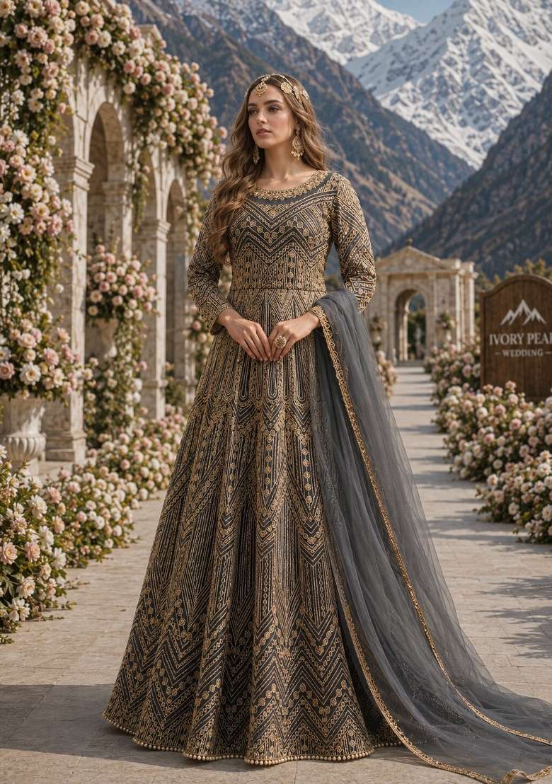 Grey Embroidery Net Anarkali Set - Indya