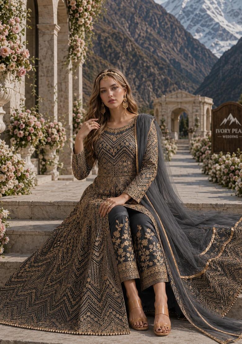 Grey Embroidery Net Anarkali Set - Indya