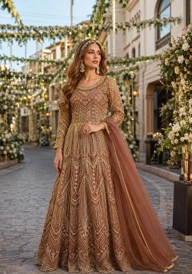 Orange Embroidery Net Anarkali Set