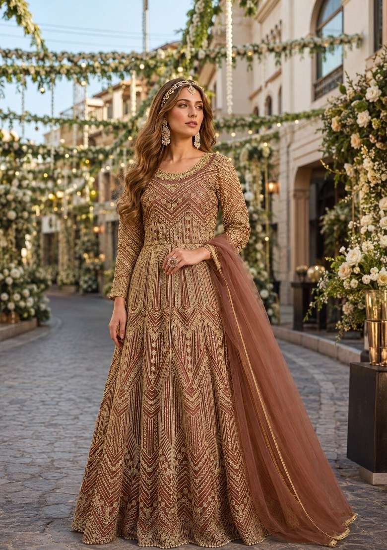 Orange Embroidery Net Anarkali Set - Indya