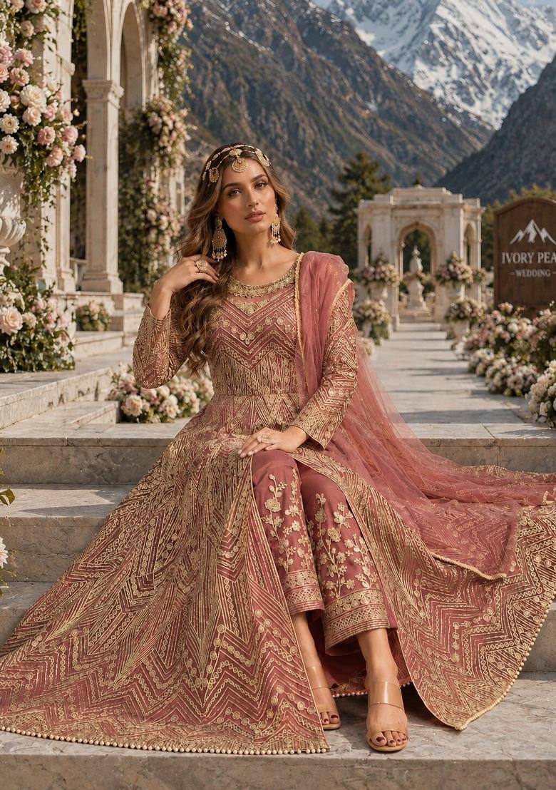 Orange Embroidery Net Anarkali Set - Indya