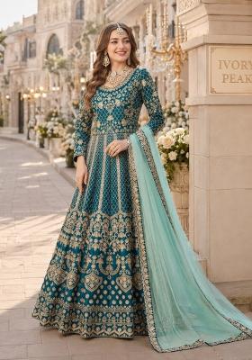 Teal Embroidery Silk Anarkali Set