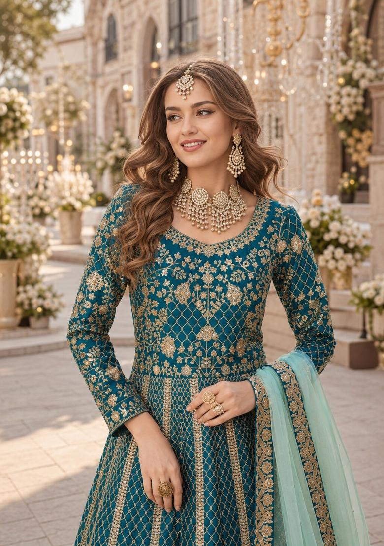 Teal Embroidery Silk Anarkali Set - Indya