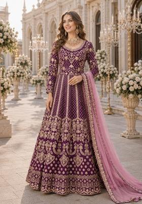Purple Embroidery Silk Anarkali Set
