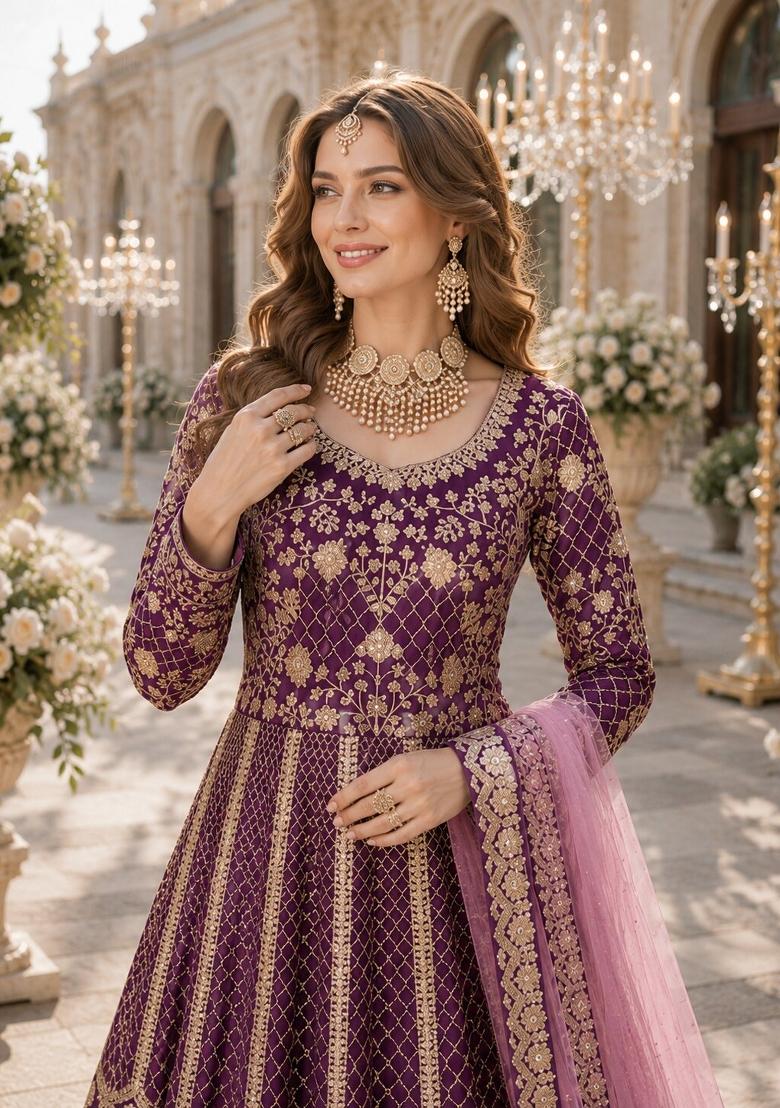 Purple Embroidery Silk Anarkali Set - Indya