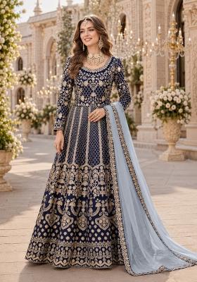 Navy Blue Embroidery Silk Anarkali Set