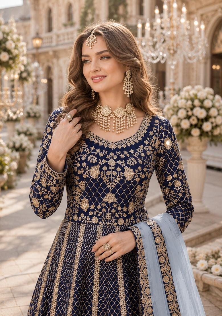 Navy Blue Embroidery Silk Anarkali Set - Indya