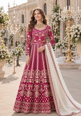 Red Embroidery Silk Anarkali Set
