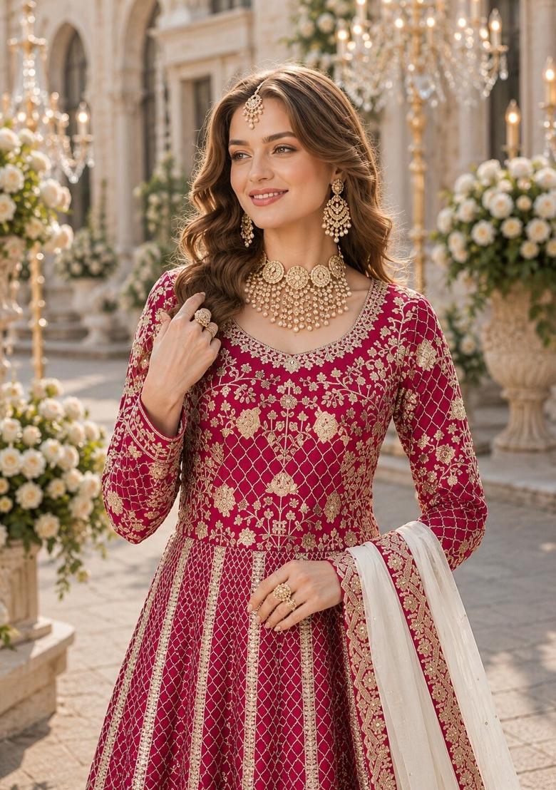 Red Embroidery Silk Anarkali Set - Indya