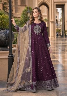 Purple Embroidery Silk Anarkali Set