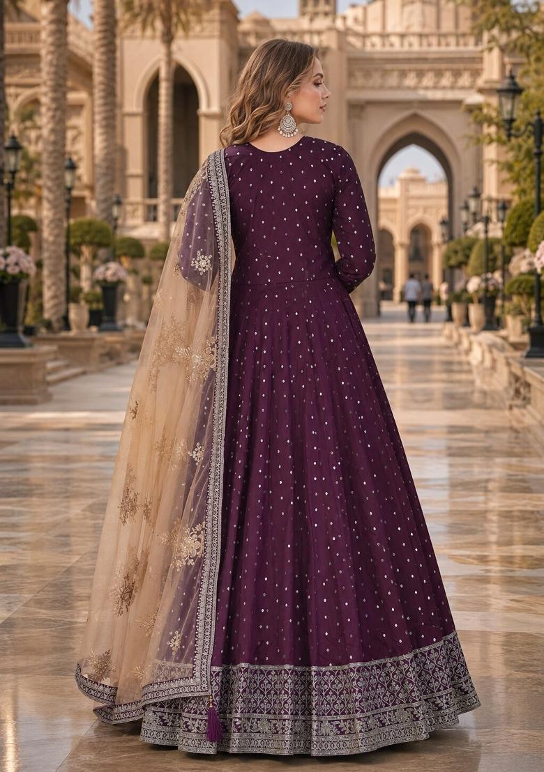Purple Embroidery Silk Anarkali Set - Indya