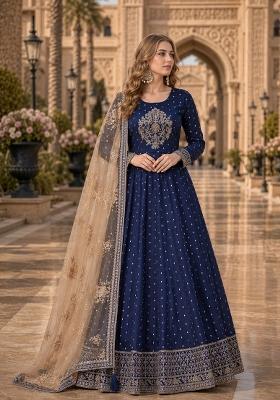 Navy Blue Embroidery Silk Anarkali Set