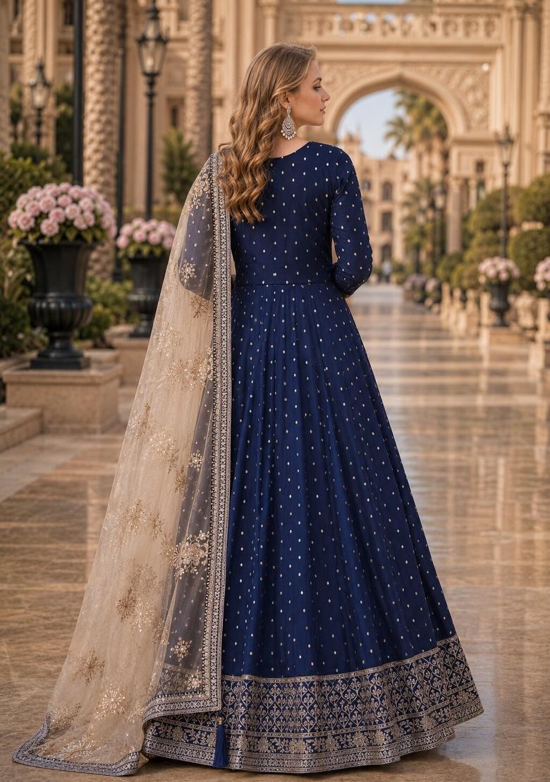 Navy Blue Embroidery Silk Anarkali Set - Indya