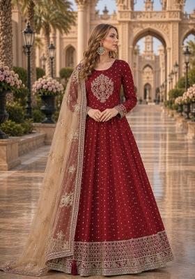 Maroon Embroidery Silk Anarkali Set