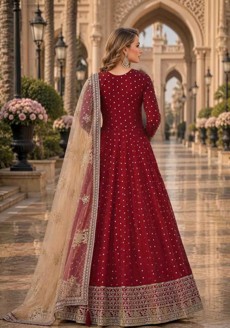 Maroon Embroidery Silk Anarkali Set - Indya