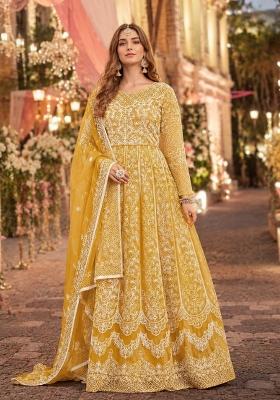 Yellow Embroidery Net Anarkali Set