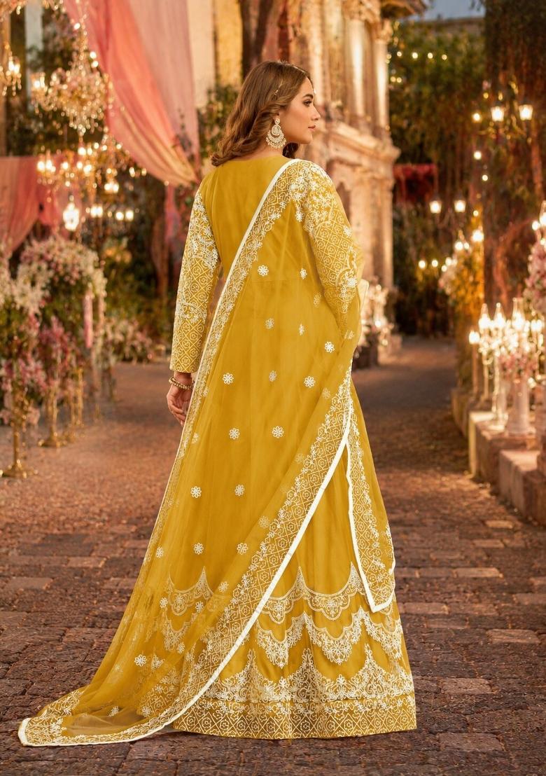 Yellow Embroidery Net Anarkali Set - Indya