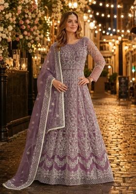 Lavender Embroidery Net Anarkali Set