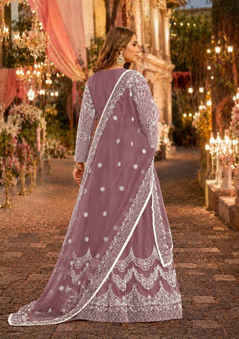 Lavender Embroidery Net Anarkali Set - Indya