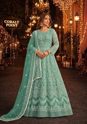 Sky Blue Embroidery Net Anarkali Set