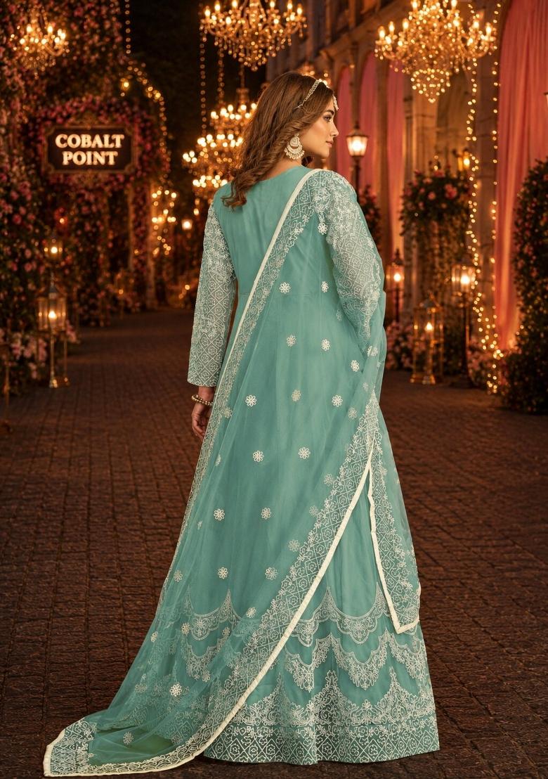 Sky Blue Embroidery Net Anarkali Set - Indya