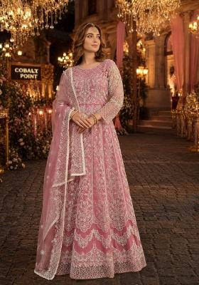 Pink Embroidery Net Anarkali Set