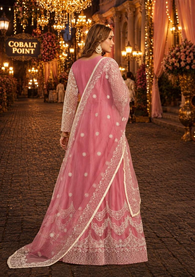 Pink Embroidery Net Anarkali Set - Indya