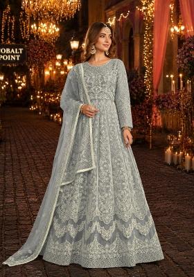 Grey Embroidery Net Anarkali Set