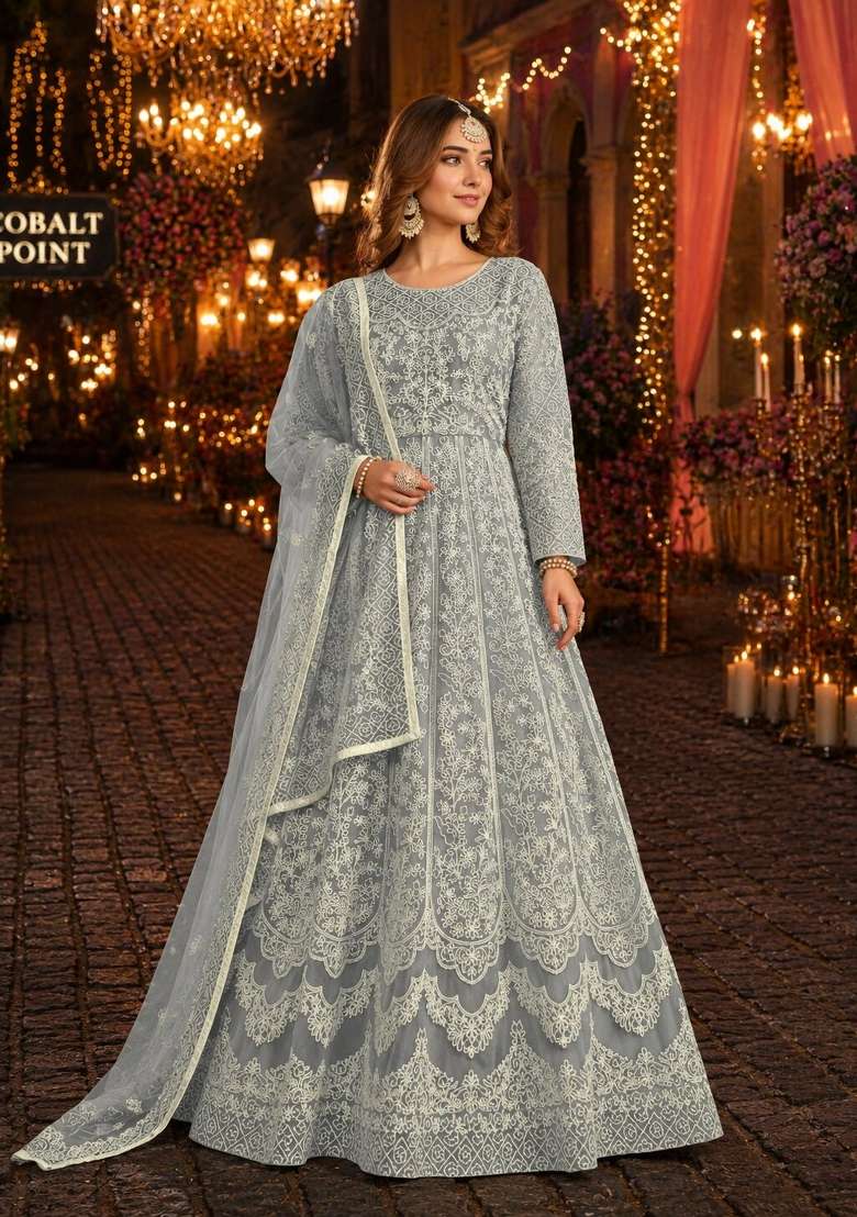 Grey Embroidery Net Anarkali Set - Indya