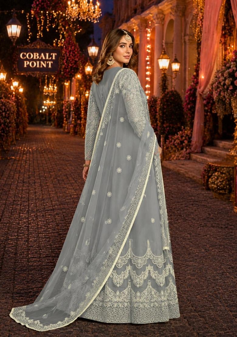 Grey Embroidery Net Anarkali Set - Indya