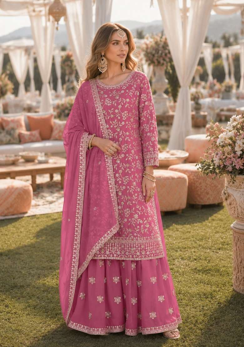 Pink Embroidery Georgette Palazzo Set - Indya