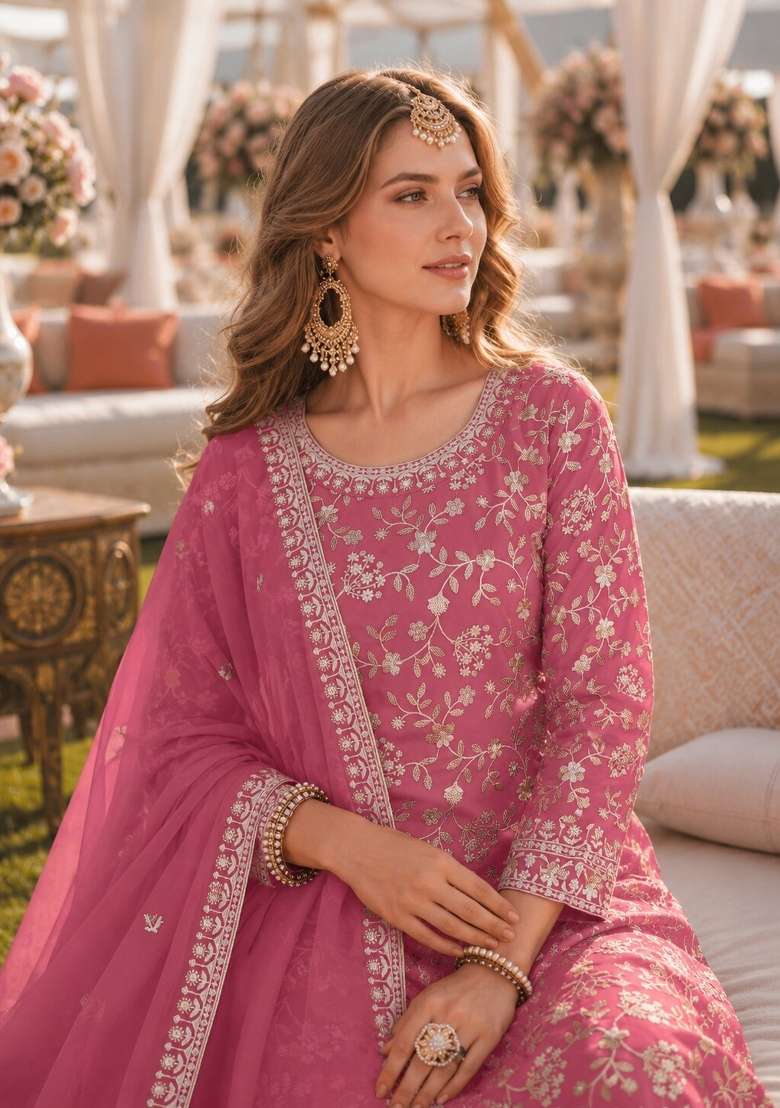 Pink Embroidery Georgette Palazzo Set - Indya
