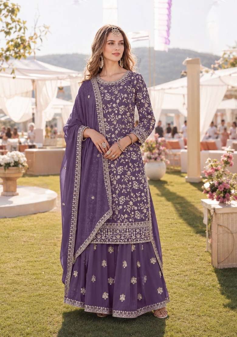 Lavender Embroidery Georgette Palazzo Set - Indya