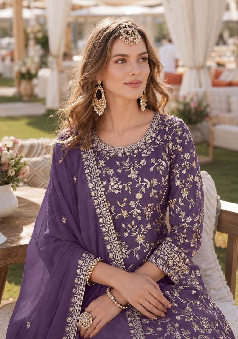 Lavender Embroidery Georgette Palazzo Set - Indya