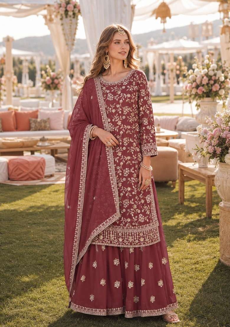 Brown Embroidery Georgette Palazzo Set - Indya