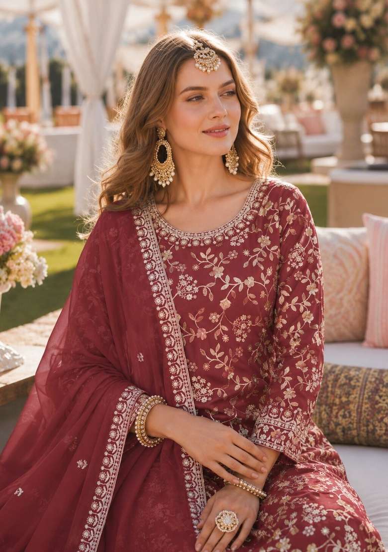 Brown Embroidery Georgette Palazzo Set - Indya